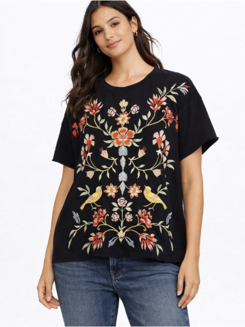 Johnny Was Embroidered Floral Birds  Swing Tee M Boho Western Feminine